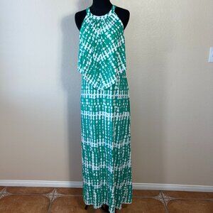 Chico's Green Tie Dye Maxi Dress Womens Size 0 Halter Layered Overlay Stretch